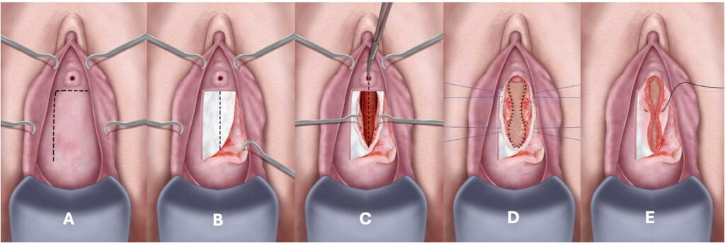 Step‑by‑step medical illustration of transvaginal surgery for female urethral diverticulum, showing incision, exposure, excision of the diverticular sac and multilayer closure of the urethra and vaginal wall, used to explain advanced female urologist treatment in Indore by Dr. Pritesh Shrimali, best urologist in Indore.