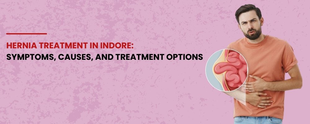 Man holding stomach pain with illustration showing hernia condition for Hernia Treatment in Indore