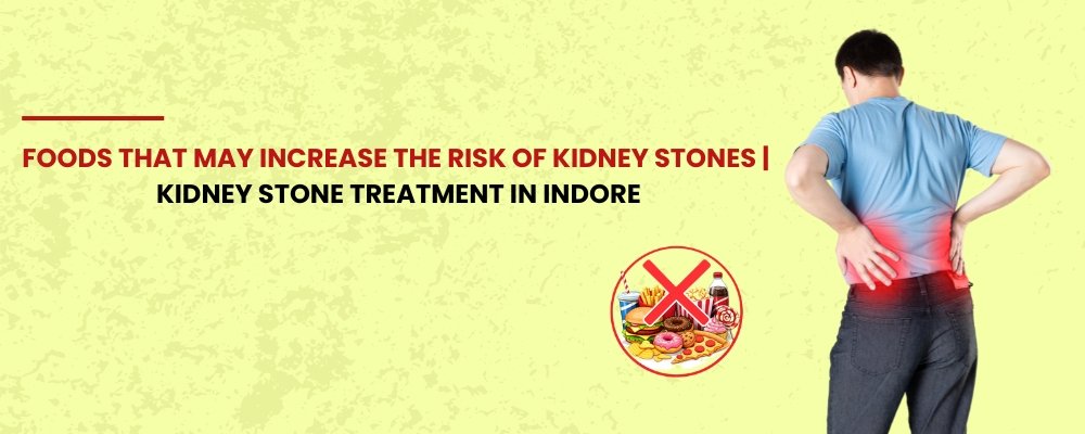 Person experiencing kidney pain with highlighted lower back discomfort alongside unhealthy foods that may increase the risk of kidney stones, related to Kidney Stone Treatment in Indore.